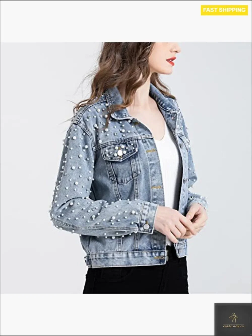Crop Denim Jacket Rhinestone Pearl Embellished Button Down Long Sleeve